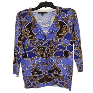 Fever Abstract Swirl Blue & Brown V-Neck 3/4 Sleeve Cardigan Sweater Size Large